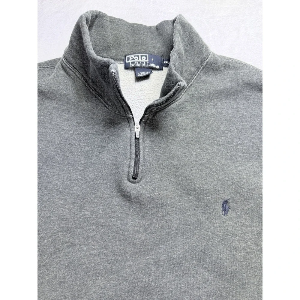 VTG Polo Ralph Lauren Men 1/4 Zip Sweatshirt Gray Fleece Pullover Distressed XXL